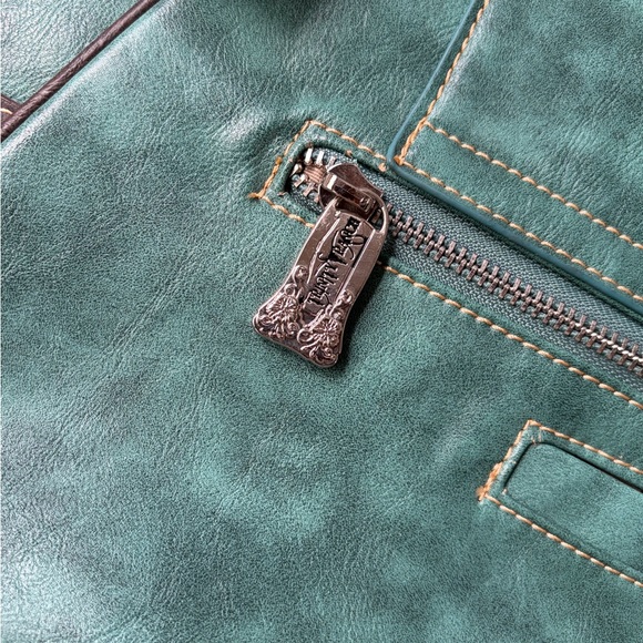 Trinity Ranch Western Studded Fringe Tote Teal Brown Leather NWT - Picture 8 of 16